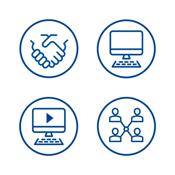 4 icons representing handshaking, computer, videos, and network.